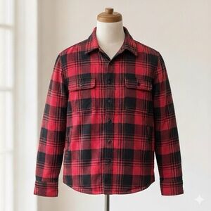 J Crew Authentic Outerwear Sherpa Lined Flannel Shirt Jacket Shacket M Red Black